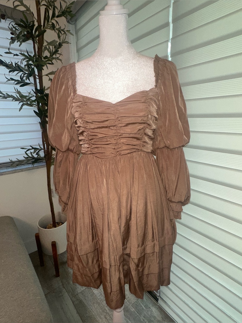 Mustard Seed Ruched Puff Sleeve Mini Dress - Earthy Brown (Size S)